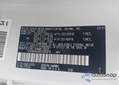 2024 Toyota Grand Highlander Hybrid Xle из США, поврежденный, VIN 5TDABAA56RS000870